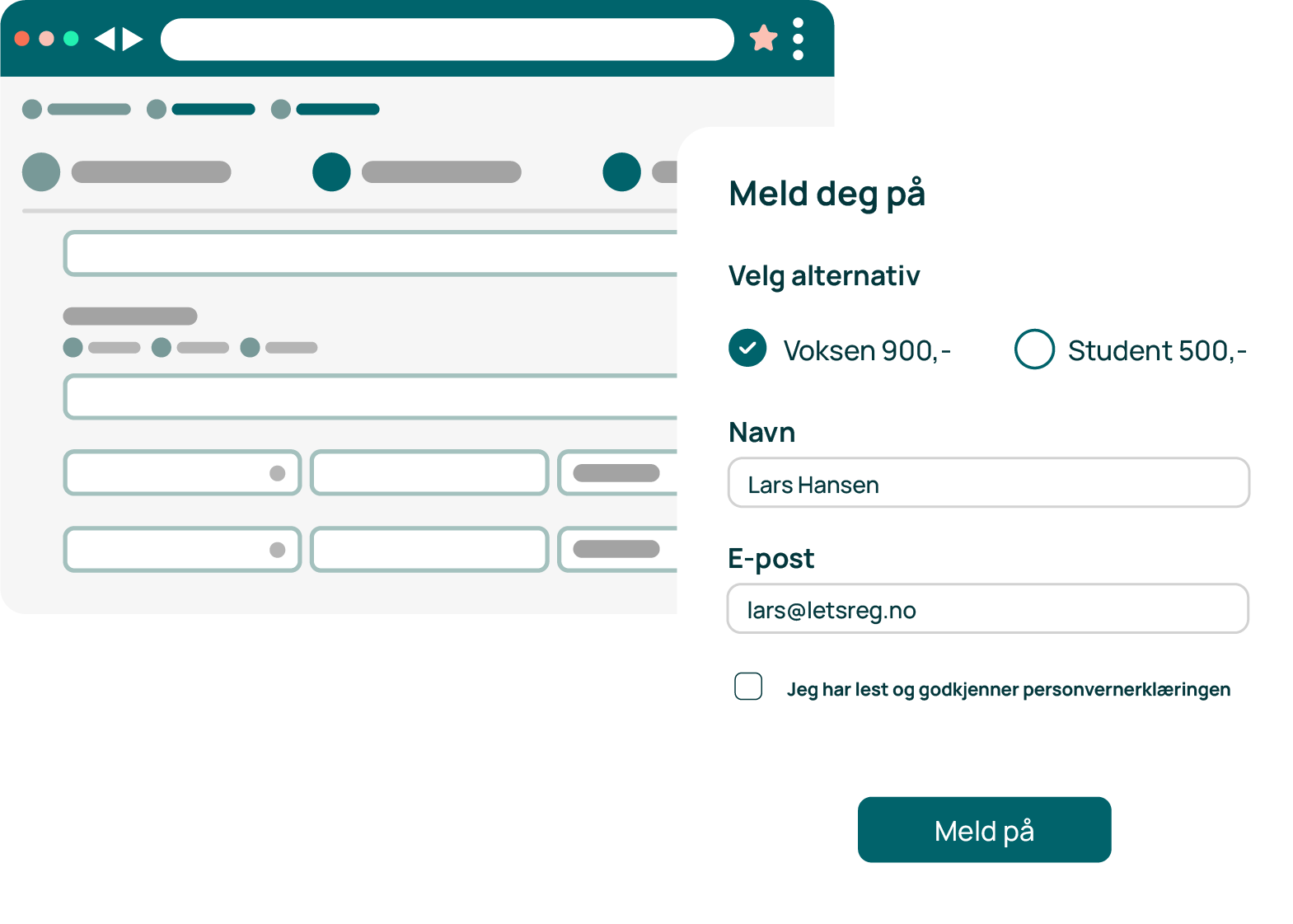Illustrasjon av påmeldingssystem og påmeldingsskjema